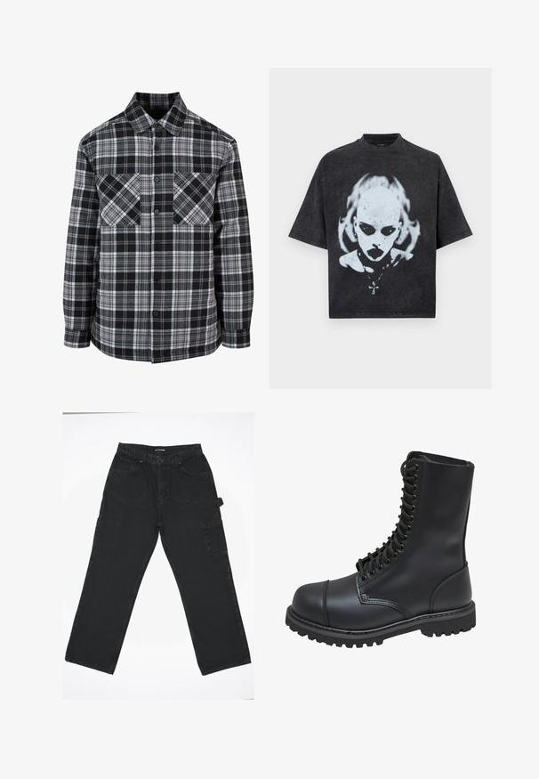 Zwart-wit geblokte blouse met een knopenrij aan de voorkant, twee borstzakken en lange mouwen met manchetten. Gemaakt van lichtgewicht stof.; Zwart oversized T-shirt met een wit grafisch ontwerp van een kale persoon met donkere ogen, lippenstift, piercings en een ketting met een kruisje.; Zwarte denim broek met een rechte pijpdesign, voorzien van een knoopsluiting aan de voorkant, achterzakken en een zijvak voor cargo.; Zwarte leren gevechtslaars met een hoge schacht, vetersluiting aan de voorkant, gewatteerde kraag en een stevige, gestructureerde zool voor grip. Bevat een versterkte neus.