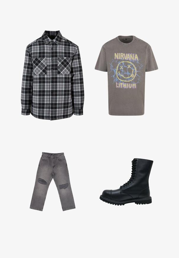 Schwarz-weiße Karobluse mit Knopfleiste, zwei Brusttaschen und langen Ärmeln mit gekrempelten Enden. Hergestellt aus leichtem Stoff.; Graues Kurzarm-T-Shirt mit einem gelb-lila abgenutzten Nirvana-Smiley-Logo und den Schriftzügen "NIRVANA" und "LITHIUM".; Hoch taillierte graue Denim-Jeans mit weitem Bein und großen abgenutzten Stellen an beiden Knien, mit Taschen vorne und Gürtelschlaufen.; Schwarze Leder Schnürstiefel mit runder Zehenkappe, hohem Schaft, dicker Gummisohle und texturierter Oberfläche. Enthält verstärkte Nähte entlang der Nähte.