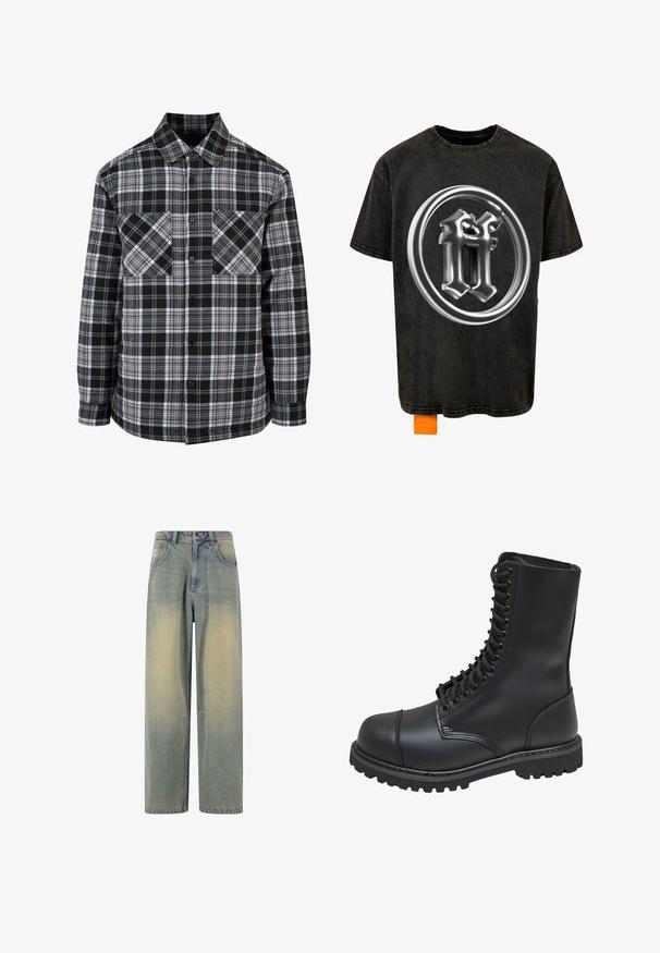 Sorte og hvide ternet skjorte med knaplukning foran, to brystlommer og lange ærmer med manchetter. Fremstillet af letvægtsstof.; Forgotten Faces RADIANT LOGO ACID - T-shirts print - black; Lyseblå denim wide-leg jeans med en falmet gradient, som har fem lommer og en klassisk talje med bæltestropper.; Sort læder kampstøvle med høj skaft, snørebånd foran, polstret krave og en robust tekstureret sål for godt greb. Har forstærket tåhætte.