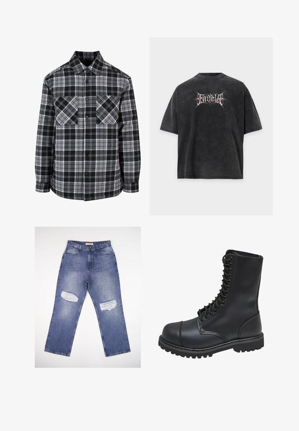 Sorte og hvide ternet skjorte med knaplukning foran, to brystlommer og lange ærmer med manchetter. Fremstillet af letvægtsstof.; Sort oversized t-shirt med falmet tekstur og stiliseret hvid og rød tekst "Fadella" centreret foran.; Lyseblå denimjeans med høj talje, lige ben og to slidte pletter foran. Klassisk design med fem lommer.; Sort læder kampstøvle med høj skaft, snørebånd foran, polstret krave og en robust tekstureret sål for godt greb. Har forstærket tåhætte.