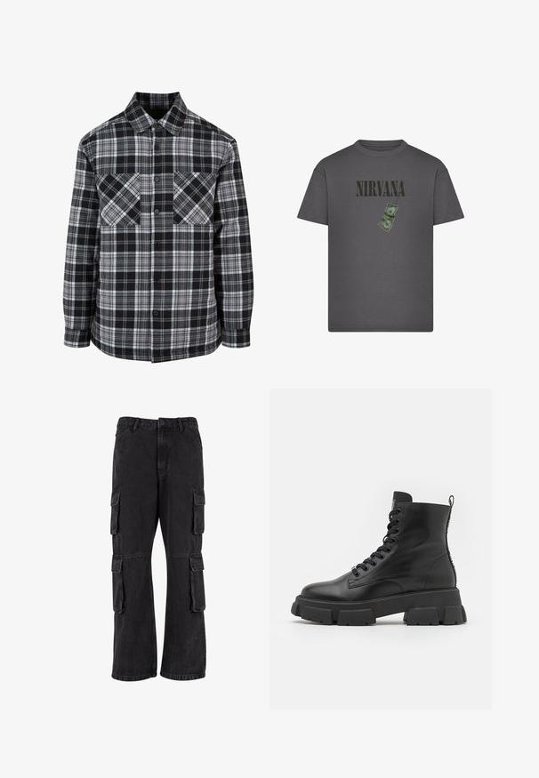Schwarz-weiße Karobluse mit Knopfleiste, zwei Brusttaschen und langen Ärmeln mit gekrempelten Enden. Hergestellt aus leichtem Stoff.; Dunkelgraues T-Shirt mit schwarzem "Nirvana" Text über einer Grafik von zwei grünen Dollarnoten, die an einer Schnur hängen.; Schwarze Cargo-Hosen aus Denim, mit lockerer Passform, mehreren Seitentaschen und genähten Details. Die Textur ist leicht verblasst.; Schwarze Leder-Stiefeletten mit dicken Gummisohlen, runder Zehenpartie und Schnürung auf der Vorderseite. Mit Ziehlasche und strukturiertem Detail an den Seiten.