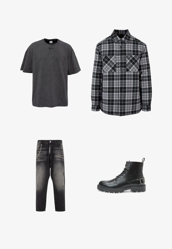 Chemise à carreaux noir et blanc avec un devant à boutons, deux poches poitrine et des manches longues à bords retroussés. Fabriquée en tissu léger.; T-shirt oversize gris en coton mélangé, avec un col rond et des manches courtes. Il présente un logo brodé subtil sur la poitrine.; Pantalon en denim noir avec détails déchirés, coupe décontractée et accent de chaîne argentée sur le côté gauche. Comprend une fermeture à bouton et des poches.; Botte de combat en cuir noir avec lacets, œillets en métal, semelle robuste, languette au talon et une sangle décorative à boucle sur le côté.
