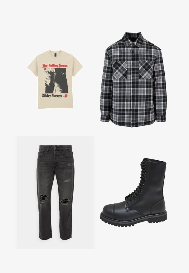 Sorte og hvide ternet skjorte med knaplukning foran, to brystlommer og lange ærmer med manchetter. Fremstillet af letvægtsstof.; Beige bomulds t-shirt med et grafisk design af jeans og en lynlås. Teksten lyder "The Rolling Stones" i rød og "Sticky Fingers" i sort.; Only & Sons ONSAVI CROP BRAKES - Jeans Relaxed Fit - black denim; Sort læder kampstøvle med høj skaft, snørebånd foran, polstret krave og en robust tekstureret sål for godt greb. Har forstærket tåhætte.