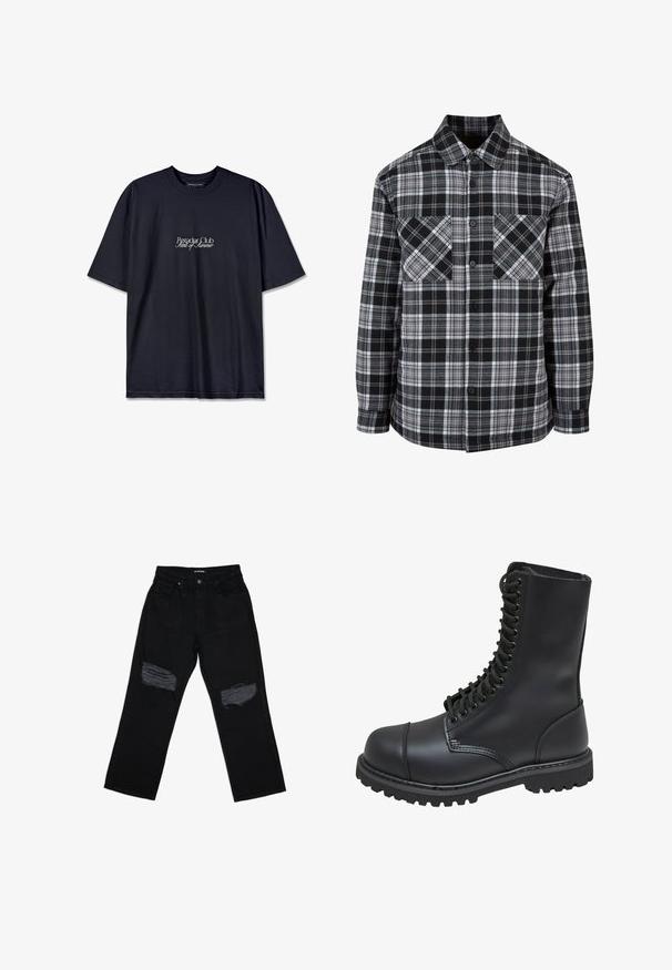 Schwarz-weiße Karobluse mit Knopfleiste, zwei Brusttaschen und langen Ärmeln mit gekrempelten Enden. Hergestellt aus leichtem Stoff.; Schwarzes Baumwoll-T-Shirt mit Rundhalsausschnitt, auf der Vorderseite mit einem weißen Drucklogo "Pescador Club" und "Scent of Summer" versehen. Kurze Ärmel.; Schwarze Jeans aus Denim mit lockerem Schnitt, die zwei verwaschene Stellen an den Knien aufweisen. Der Stoff hat eine glatte Textur und eine minimale Ausbleichung.; Schwarze Lederkampfstiefel mit hohem Schaft, Schnürung an der Vorderseite, gepolstertem Kragen und rutschfester, strukturierter Sohle für guten Halt. Mit verstärkter Zehenkappe.