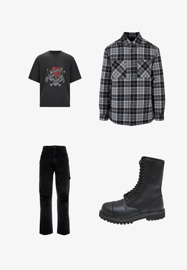 Sorte og hvide ternet skjorte med knaplukning foran, to brystlommer og lange ærmer med manchetter. Fremstillet af letvægtsstof.; Sort grafisk t-shirt med et skelet, rødt hjerte og teksten "Love Kills", prydet med farverige rhinsten og et løst fit design.; Sorte denim jeans med løs pasform, der har slidte huller foran, fem lommer og en knaplukning i taljen.; Sort læder kampstøvle med høj skaft, snørebånd foran, polstret krave og en robust tekstureret sål for godt greb. Har forstærket tåhætte.