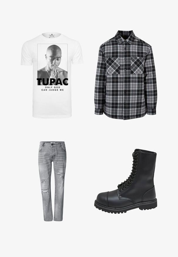 Chemise à carreaux noir et blanc avec un devant à boutons, deux poches poitrine et des manches longues à bords retroussés. Fabriquée en tissu léger.; T-shirt en coton blanc présentant un graphisme noir et blanc d'un homme joignant les mains en prière, avec le texte "TUPAC" et "SEUL DIEU PEUT ME JUGER."; Jean slim gris clair avec déchirures usées et éclaboussures de peinture blanche, doté de poches avant et d'une fermeture à boutons.; Botte de combat en cuir noir avec un haut tige, fermeture lacée à l'avant, col rembourré et semelle texturée robuste pour une meilleure adhérence. Dotée d'un capuchon de protection renforcé.