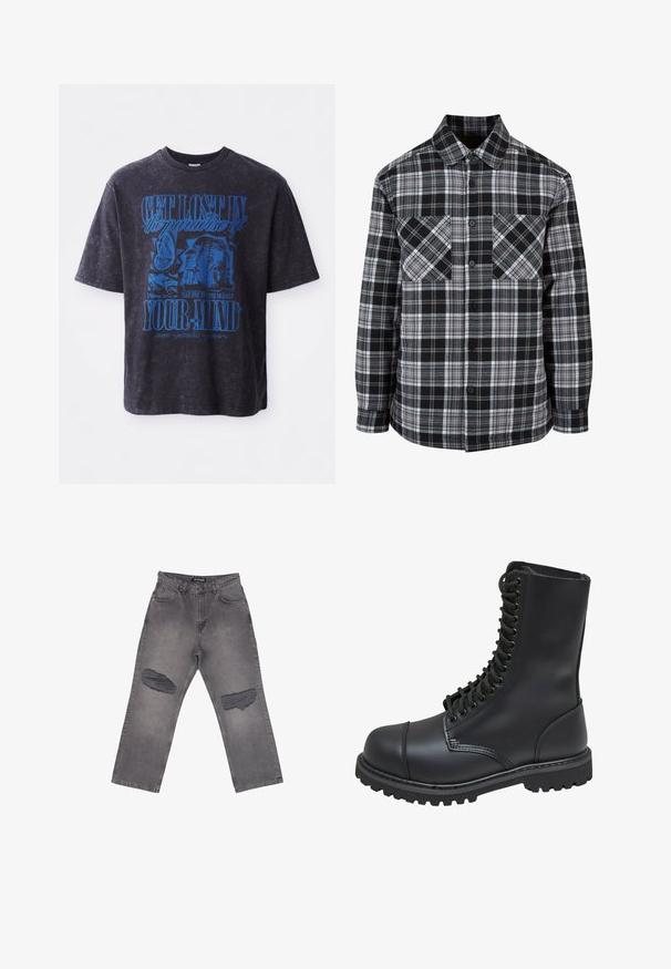 Zwart-wit geblokte blouse met een knopenrij aan de voorkant, twee borstzakken en lange mouwen met manchetten. Gemaakt van lichtgewicht stof.; Zwart oversized T-shirt met blauwe grafische print met tekst en afbeeldingen, gemaakt van katoen met een gewassen textuur en een ronde hals.; Grijze spijkerbroek met hoge taille, brede pijpen en grote versleten plekken op beide knieën, met voorzakken en riemlussen.; Zwarte leren gevechtslaars met een hoge schacht, vetersluiting aan de voorkant, gewatteerde kraag en een stevige, gestructureerde zool voor grip. Bevat een versterkte neus.