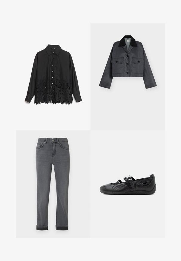 Mørkegrå kort jakke med sort kordfløjlskrave, lange ærmer, knapper foran og to knaplukningsklaplommer.; Sort button-up skjorte med en glat overdel og en blondekant med blomster mønstre. Kraven er struktureret, med perle-lignende knapper ned ad fronten.; Mænds mørkegrå denimjeans med lommer foran og bagpå, knaplukning og opkrøllede manchetter på en ensartet lys baggrund.; Sort flad Mary Jane sko med tekstureret mønster, to justerbare spænderem, og lavprofilsål på ensfarvet baggrund.
