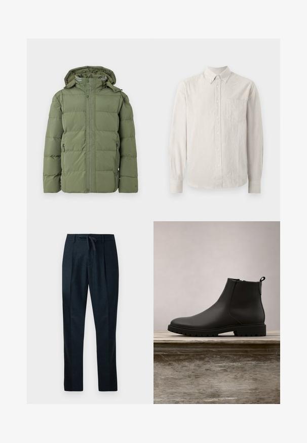 Grøn puffer-jakke med lynlås foran, hætte og to sidelommer. Har stikninger på panelerne og en glat, vandafvisende ydre.; Button-up skjorte i lys beige med tynde lodrette striber, lange ærmer, krave og en enkelt brystlomme. Blødt stof med en glat tekstur.; Marineblå bukser lavet af tekstureret stof, med elastisk talje, lige ben og to frontfældinger for et skræddersyet udseende.; Sort læder ankelstøvle med rund tå, tekstureret overdel og robust gummisål. Har en hængetab bagpå for nem påtagning.