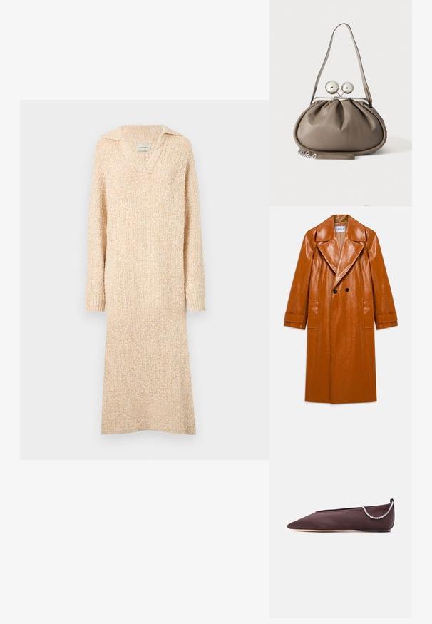 Lange bruine faux leren trenchcoat met brede revers, dubbele zwarte knopen, twee voorzakken en opgerolde mouwen.; Beige gebreide jurk met een V-hals en kraag, lange mouwen en geribde manchetten. Zachte textuur met een licht gestructureerd patroon over het geheel.; Donkerbruine platte schoen met puntige neus, lage hak en een zilveren rijglin met strassteentjes aan de achterkant.; Grijze leren handtas met afgeronde vorm, bovenste sluiting met twee grote zilveren bollen en een enkele schouderriem.