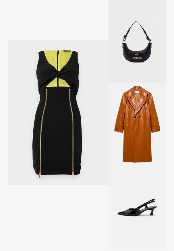 Lång brun faux læder trench coat med brede slag, dobbelte sorte knapper, to forlommer og manchetter.; Sort kjole med et gult panel, front twist detalje og guld lynlåse langs siderne for en tilføjet designkontrast.; Sort laklæderslingback med lille hæl, spids tå og justerbar guldlåsrem på hvid baggrund.; Sort halvmåneformet håndtaske med knyttet håndtag og guld "Love Moschino" logo plaque foran, lynlåslukning øverst.