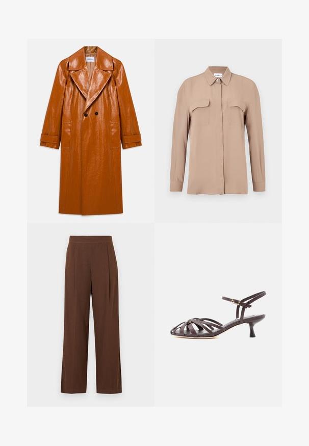 Trench-coat long en faux cuir marron avec larges revers, double boutons noirs, deux poches avant et manches à revers.; Chemise beige à manches longues avec boutons, en tissu léger. Dispose de deux poches poitrine et d'un col classique, avec une coupe droite et un design minimaliste.; Pantalon marron à jambes larges avec une texture lisse, présentant un devant plat et des plis. La taille est élastiquée pour le confort et l'ajustement.; Sandale à talon kitten en cuir marron foncé avec lanières et bride de cheville réglable à boucle sur fond blanc.