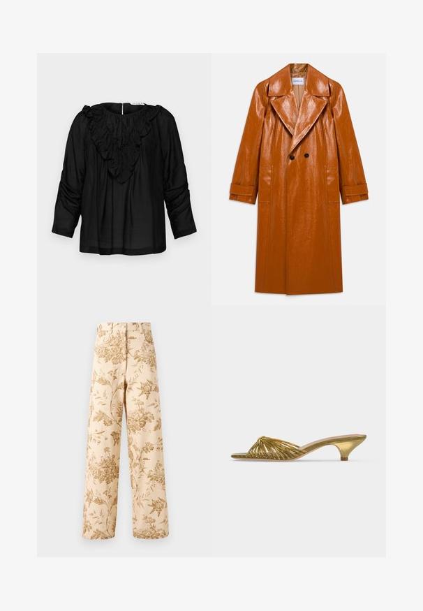 Trench-coat long en faux cuir marron avec larges revers, double boutons noirs, deux poches avant et manches à revers.; Blouse noire avec un col en V à volants, des manches trois-quarts et des détails froncés aux épaules, fabriquée dans un tissu lisse et léger.; Pantalons imprimés floraux en beige avec des motifs dorés complexes, taille haute, coupe évasée, fabriqués en coton léger.; Mule dorée à bout ouvert avec lanières, petit talon kitten et design noué sur fond blanc uni.