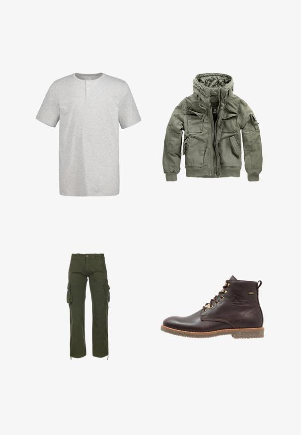 Chaqueta militar de color verde oliva con capucha desmontable, múltiples bolsillos frontales, puños acanalados y acabado texturizado. Cierre con cremallera.; Camiseta henley de manga corta de color gris claro con cuello redondo y tres botones blancos en la tapeta frontal.; Pantalones cargo verdes hechos de tela de algodón. Presentan múltiples bolsillos laterales, un cierre de botón y ajustes en los tobillos. Corte casual y holgado.; Botín de cuero marrón hasta el tobillo con punta redonda, ojales de metal, suela de goma texturizada y costuras a lo largo del borde para mayor durabilidad.