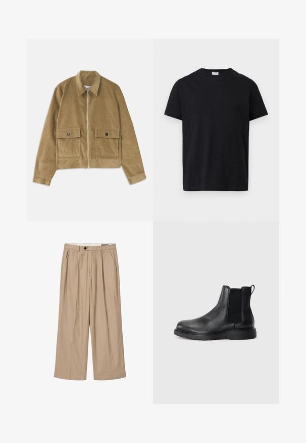 Katoenen jasje in tan, met een ritssluiting, een kraag en twee voorzakken met knoopflappen.; Zwarte T-shirt met korte mouwen en een ronde hals, met een klein wit label aan de binnenkant van de kraag, plat gelegd op een witte achtergrond.; Beige wijde broek met voorvouwen, zijzakken, ceintuurlussen en een zwarte knoopsluiting aan de taille.; Zwarte leren Chelsea boots met een gestructureerde afwerking, elastische zijpanelen en een stevige rubberen zool. Subtiele branding op de hiel.
