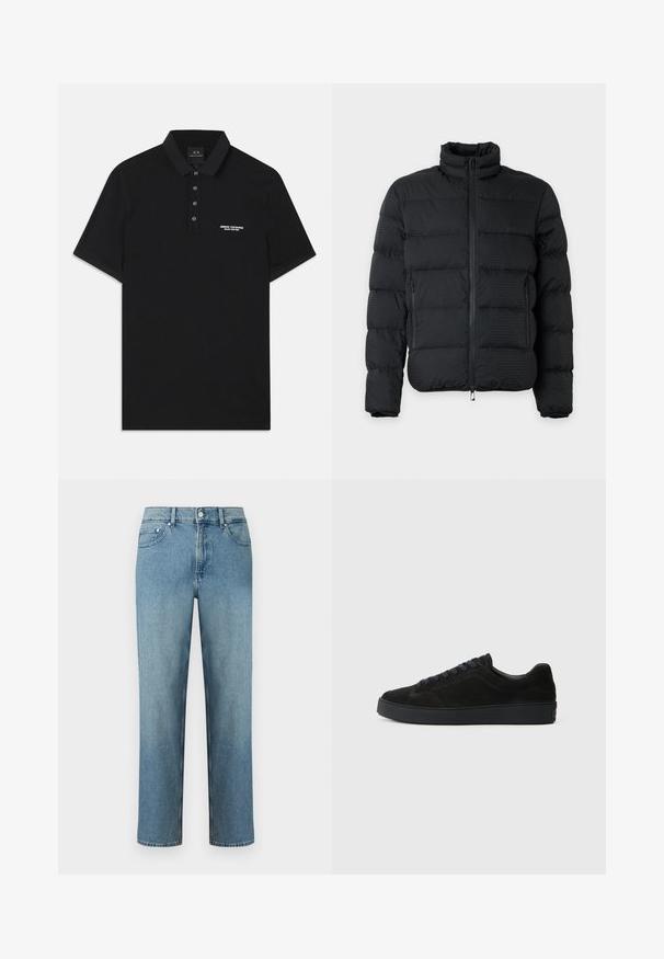 Sort polstret jakke med høj krave, lynlås foran og lynlåslommer i siderne, vist mod en lys baggrund.; Sort polo skjorte lavet af bomuld, med standard krave, tre-knaps placket og et lille hvidt "Armani Exchange" logo på venstre side.; Lyseblå denimjeans med lige snit, fem-lomme design og knaplukning ved taljen. Sømme med syningsdetaljer.; Sort semsket sneakers med en flad, tekstureret sål, rund tå, seks snørrehuller og et minimalistisk design.