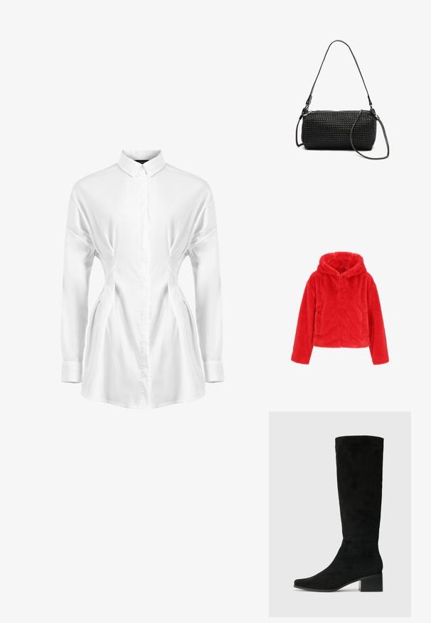 Veste en fausse fourrure rouge avec une capuche, dotée d'un design court, d'un motif de couture diagonale et de deux poches avant. Texture douce et pelucheuse.; Chemise blanche à manches longues en tissu lisse, avec une fermeture à boutons à l'avant, un col pointu et des détails froncés sur les côtés pour un effet épuré.; Bottes en suède noires à hauteur de genoux avec un bout pointu et un talon carré épais, présentant une texture lisse et un design minimaliste.; Sac à main cylindrique noir avec un design texturé à clous, comprenant une fermeture éclair et deux sangles réglables pour le transport.