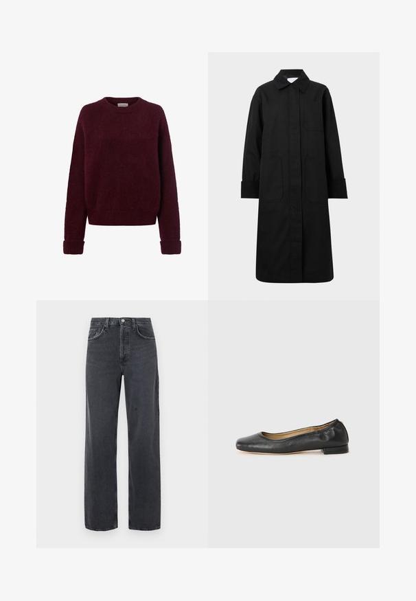 Long manteau noir en tissu robuste, avec un col pointu, deux grandes poches avant et des poignets côtelés. Design simple sans ornement.; Pull tricoté rouge foncé avec manches longues et poignets, ourlet et encolure ronde côtelés, sur fond blanc.; Jean en denim noir coupe large avec finition délavée, doté de deux poches avant et d'une fermeture à bouton à la taille. Design classique à cinq poches.; Ballerines en cuir noir avec un bout arrondi et des coutures minimales. Talon bas et rectangulaire avec une texture lisse. Détails subtils de doublure intérieure.