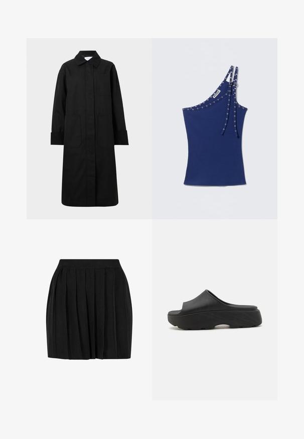 Long manteau noir en tissu robuste, avec un col pointu, deux grandes poches avant et des poignets côtelés. Design simple sans ornement.; Haut asymétrique bleu marine sans manches avec double bretelles et œillets argentés le long des bords et des bretelles.; Jupe plissée noire en tissu doux, dotée d'une taille élastique et d'une silhouette évasée. Texture lisse avec des plis espacés uniformément.; Sabot noir à enfiler avec un dessus largement ouvert, semelle épaisse texturée et semelle intérieure ergonomique. Le matériau semble flexible et durable.