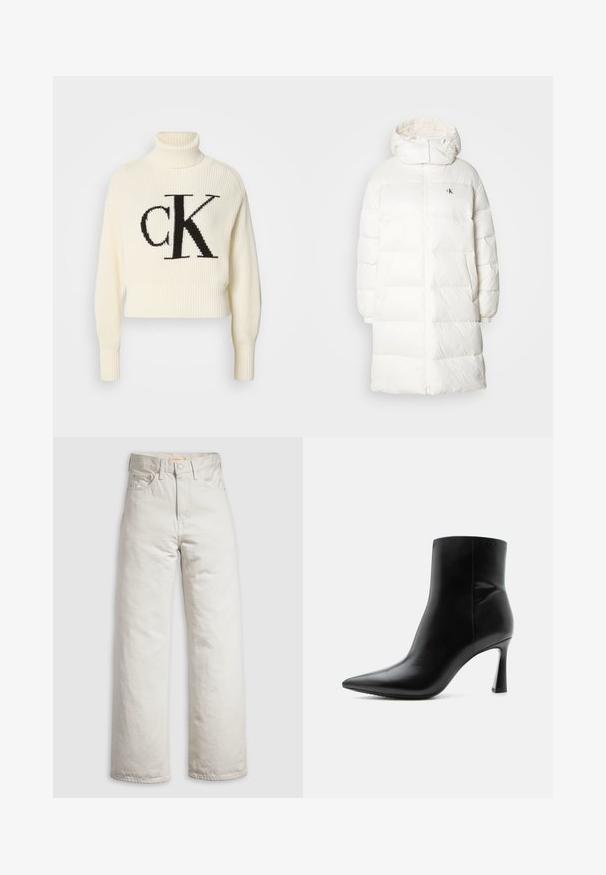 Manteau doudoune blanc avec une silhouette longue et droite. Il possède une fermeture éclair sur le devant, des poignet élastiques et une capuche avec des bords froncés. Détail logo discret.; Pull à col roulé côtelé crème avec un ourlet court, arborant un grand logo "CK" noir sur le devant. Matière en tricot douce, manches longues.; Jean droit taille haute de couleur blanc cassé avec bouton avant, fermeture éclair et design cinq poches sur fond blanc uni.; Bottine en cuir noir avec bout pointu et talon aiguille fin et haut, vue de profil sur fond blanc.