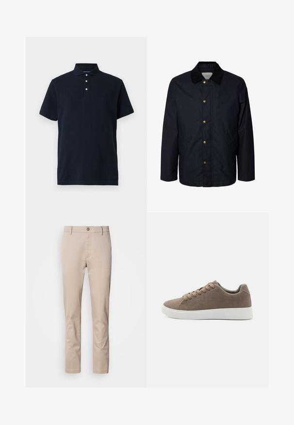 Herren navyblaue Jacke mit schwarzem Kordkragen und fünf sichtbaren Messing-Druckknöpfen vorne.; Marineblaue kurzärmlige Polo-Shirt mit Kragen und drei weißen Knöpfen auf der Knopfleiste, vor einem einfarbigen Hintergrund präsentiert.; Beige Baumwoll-Chinos mit geradem Schnitt, Gürtelschlaufen, einem einzelnen vorderen Knopf und einer glatten, untexturierten Oberfläche. Keine Taschen sind sichtbar.; Braune Wildledersneaker mit flachen weißen Gummisohlen, Schnürdesign, abgerundete Zehen und einer glatten Textur. Minimalistischer Stil mit dezenten Nähdetails.