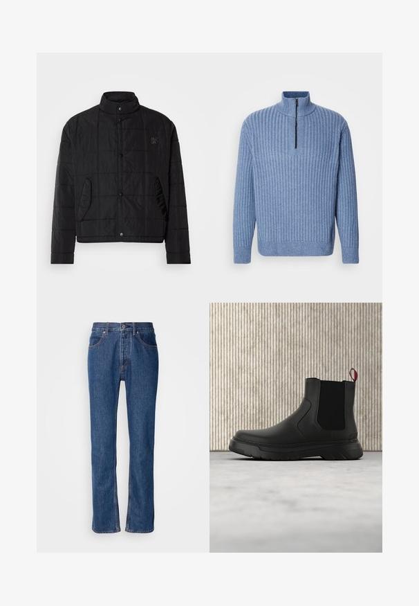 Sort quiltet jakke med ståkrave, featuring trykknapper og sidelommer, lavet af skinnende, letvægtigt materiale.; Lyst blå ribbestrikket sweater med opretstående krave og en delvis lynlås ved halsen; har lange ærmer og en lige kant.; Blå denimjeans med lige snit, fem-lomme-design og lys syning. Har lynlås og knaplukning foran.; Sort ankelstøvle med en glat overflade, elastiske sidepaneler og en kontrasterende rød træksløjfe, der har en tyk gummisål og rund tå.