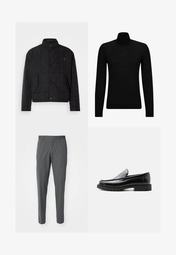 Sort quiltet jakke med ståkrave, featuring trykknapper og sidelommer, lavet af skinnende, letvægtigt materiale.; Sort turtleneck sweater lavet af blødt materiale, med lange ærmer og en tætsiddende pasform. Ribbet trim ved kanten og manchetter. Simpelt design.; Grå bukser lavet af et glat stof, der har en knaplukning, forlommer og en slim fit-design.; Sort læderloafer med chunky gummisål, syet overdel og præget mærkenavn på hælen, vist i sideprofil på hvid baggrund.