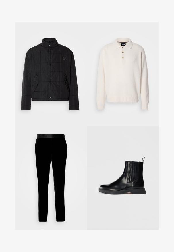Sort quiltet jakke med ståkrave, featuring trykknapper og sidelommer, lavet af skinnende, letvægtigt materiale.; Cremefarvet langærmet strikket polo-sweater med tre knapper samt ribbede manchetter og kant, mærket BOSS på den indvendige krave.; Sorte fløjlsbukser med en skræddersyet pasform, glat tekstur og en matchende talje. Har lige ben og sidelommer.; Sorte læder ankelstøvler med elastiske sidepaneler, rund tå, lav blokhæl og pull-tab. Har en glat overflade og et elegant design.