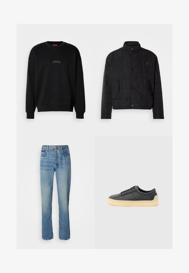 Veste matelassée noire avec un col montant, dotée de boutons-pression et de poches latérales, fabriquée en matériau léger et brillant.; Sweatshirt noir à manches longues et col rond avec un texte "hugo" centré en bleu clair sur la poitrine, poignets et ourlet côtelés.; Jean en denim droit bleu clair avec taille haute, fermeture par bouton et zip à l'avant, et design à cinq poches.; Baskets basses en cuir noir avec bout arrondi, lacets noirs et semelle en caoutchouc épaisse de couleur blanc cassé, vues de côté sur un fond gris clair.