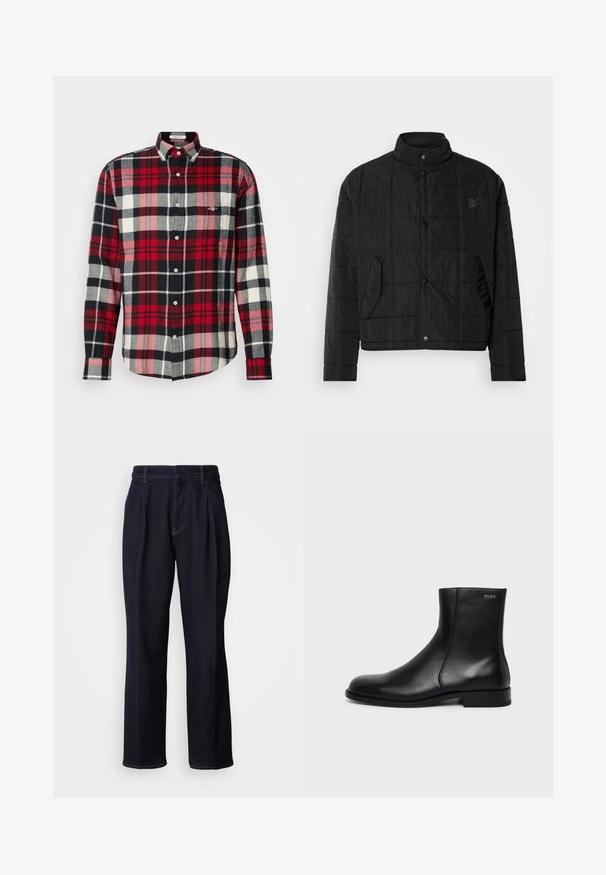 Veste matelassée noire avec un col montant, dotée de boutons-pression et de poches latérales, fabriquée en matériau léger et brillant.; Chemise à manches longues à carreaux rouges, noirs, gris et blancs, avec un col boutonné et une poche poitrine.; Jean en denim large à jambes bleues foncées avec des plis devant et des coutures orange, présenté sur fond blanc.; Bottine en cuir noir à talon bas, couture latérale et petit logo "HUGO" sur le revers supérieur sur un fond uni.