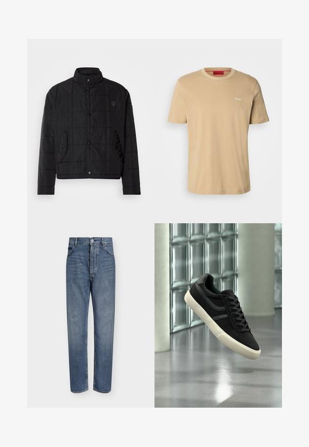 Schwarze gesteppte Jacke mit Stehkragen, ausgestattet mit Druckknöpfen und Seitentaschen, aus glänzendem, leichtem Material gefertigt.; Beige Baumwoll-T-Shirt mit Rundhalsausschnitt, kurzen Ärmeln und einem kleinen weißen "HUGO"-Logo auf der Brust. Glatte Textur ohne Muster.; Gerade geschnittene blaue Jeans aus Denim mit hoher Taille, Frontknopfverschluss und Fünf-Taschen-Design auf einem schlichten hellen Hintergrund.; Schwarzer Low-Top-Sneaker mit weißer Sohle und Schnürsenkeln, Marke "BOSS", schwebend im Innenraum nahe Glasbausteinfenstern und Betonpfeilern.