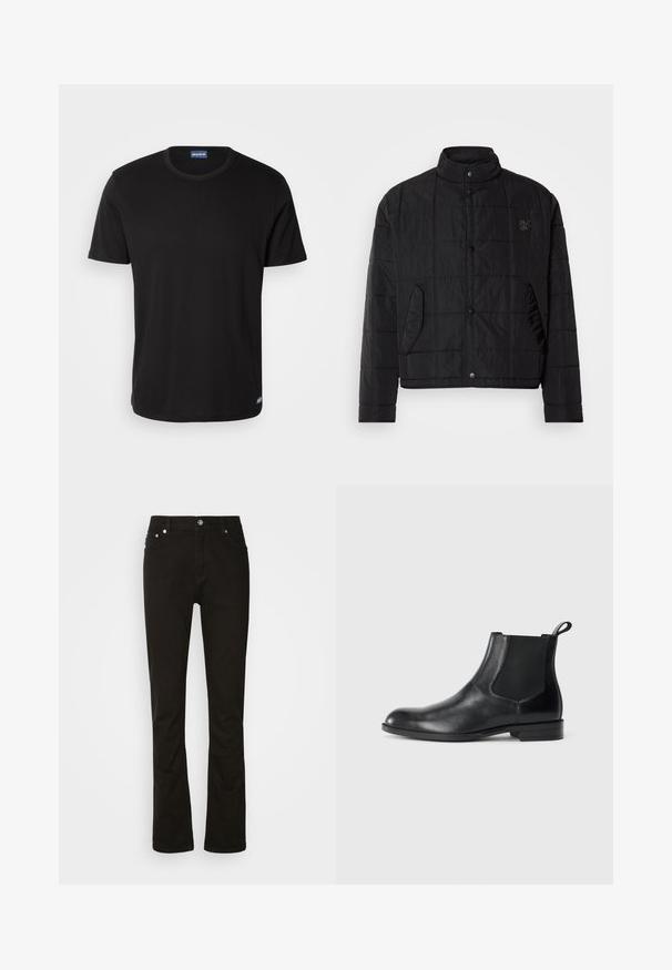 Schwarze gesteppte Jacke mit Stehkragen, ausgestattet mit Druckknöpfen und Seitentaschen, aus glänzendem, leichtem Material gefertigt.; Schwarzes T-Shirt mit kurzen Ärmeln aus Baumwolle, mit rundem Halsausschnitt und einem kleinen Logotag am Saum. Glatte Textur, reguläre Passform.; Schwarze Jeans aus Denim mit geradem Bein, ausgestattet mit vorderen Taschen, einem Reißverschluss und silbernen Hardware-Details. Glatte Textur, ohne Muster.; Schwarze Leder-Stiefelette mit elastischen Seiteneinsätzen, abgerundeter Zehenpartie und einem Zugschlauf. Glatte Textur, flache Sohle, minimalistisches Design.