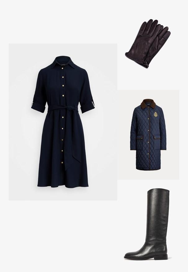 Long manteau matelassé bleu marine avec col en velours côtelé marron, fermeture par boutons, deux poches avant à rabat et écusson brodé sur la poitrine.; Robe bleu marine avec un col, un devant à boutons et des manches retroussées. Inclut une ceinture assortie et présente des boutons dorés.; Botte en cuir noir à hauteur de genou avec une finition texturée, bout rond, tige lisse et un petit talon empilé. Design minimaliste, sans quincaillerie visible.; CASH-MERE Gants - schwarz