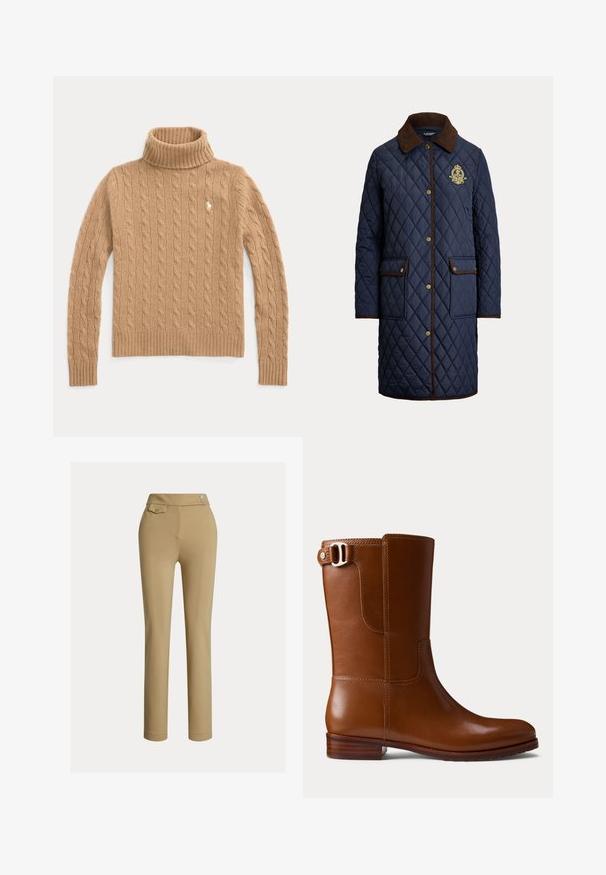 Marineblå lang quiltet frakke med brun fløjlskrave, knaplukning, to forlommer med klap og broderet våbenskjold på brystet.; Kamelfarvet kabelstrikket rullekrave sweater med lange ærmer og ribstrikkede manchetter, med en lille broderet logo på brystet.; Beige skræddersyede bukser med en glat tekstur, høj talje, to dekorative knapper og en enkelt baglomme. Lige ben-design.; Brun læderankelstøvle med en glat finish, rund tå og dekorative sidespænde. Har en lav træsål og minimale syningsdetaljer.