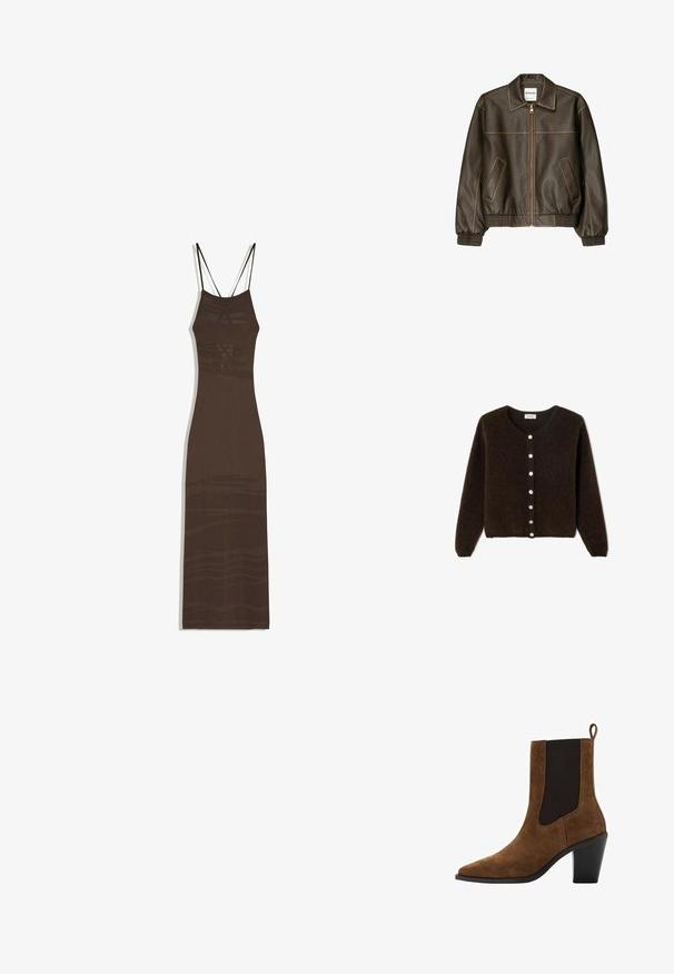 Braune Lederbomberjacke mit einem Reißverschluss vorne, spitzem Kragen, elastischen Bündchen und Saum sowie Seitentaschen. Sichtbare Kontrastnähte.; Braune, flauschige Strickjacke mit rundem Ausschnitt und langen Ärmeln. Sie verfügt über eine Knopfleiste mit hellen Knöpfen und einem lässigen Schnitt.; Langes dunkelbraunes ärmelloses Kleid mit dünnen Doppelträgern und subtilen strukturierten Mustern auf dem gesamten Stoff vor weißem Hintergrund.; Brauner Wildleder-Stiefelette mit spitz zulaufender Kappe, elastischen Seiteneinsätzen und Blockabsatz. Verfügt über eine Schlaufe an der Rückseite für einfaches An- und Ausziehen.