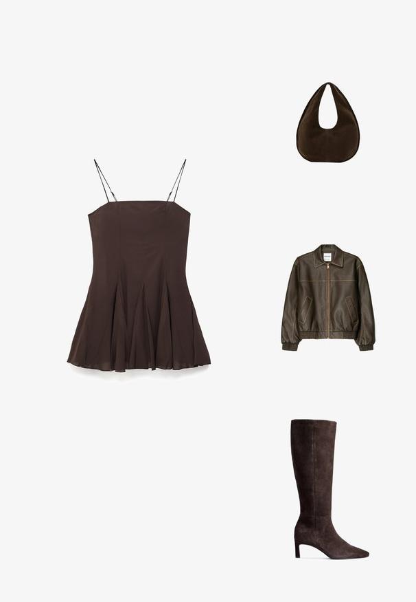 Braune Lederbomberjacke mit einem Reißverschluss vorne, spitzem Kragen, elastischen Bündchen und Saum sowie Seitentaschen. Sichtbare Kontrastnähte.; Braun ärmelloses Kleid mit engem Oberteil und Faltenrock in A-Linie. Verfügt über dünne verstellbare Träger und eine glatte Stoffstruktur.; Braune Wildlederkniehohe Stiefel mit spitzer Zehe und 7,5 cm hohem Absatz. Glatte Textur, elegante Silhouette und minimalistisches Design.; Dunkelbraune Wildleder-Handtasche in Halbmondform mit einem breiten Riemen und glatter Textur vor weißem Hintergrund.