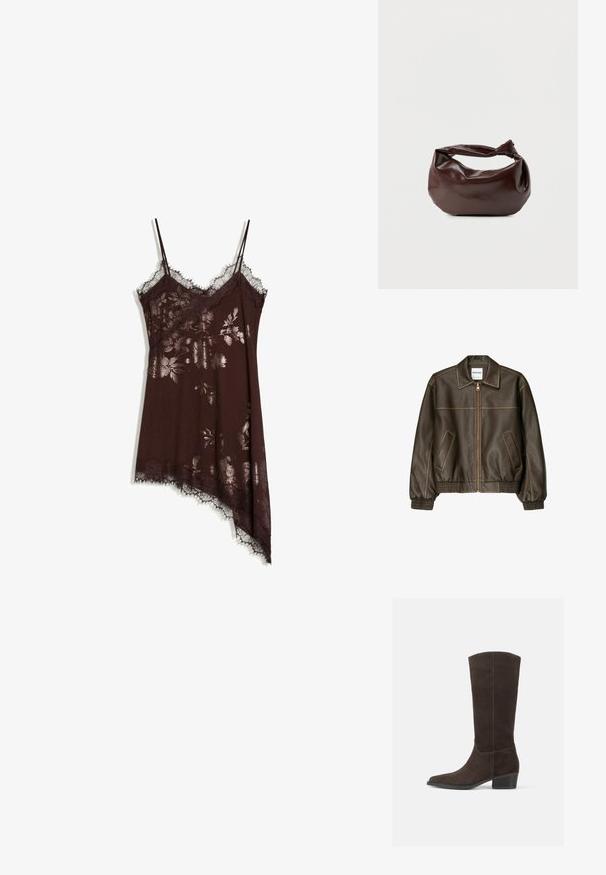 Veste bomber en cuir marron avec fermeture éclair à l'avant, col pointu, poignets et ourlet élastiqués, et poches latérales. Coutures contrastées visibles.; Robe nuisette en soie brun foncé avec imprimé floral métallique, bordure en dentelle, fines bretelles et ourlet asymétrique sur fond blanc.; Bottine en daim marron foncé, montante jusqu'au genou, avec un bout carré, une texture lisse et un petit talon empilé, affichant un design minimaliste et des lignes épurées.; Sac bandoulière en cuir marron foncé avec une forme souple et décontractée et une anse nouée torsadée sur un fond blanc uni.