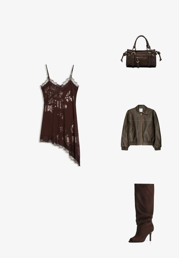 Veste bomber en cuir marron avec fermeture éclair à l'avant, col pointu, poignets et ourlet élastiqués, et poches latérales. Coutures contrastées visibles.; Robe nuisette en soie brun foncé avec imprimé floral métallique, bordure en dentelle, fines bretelles et ourlet asymétrique sur fond blanc.; Botte marron foncé en suede, haute jusqu'au genou, avec un tige ample, un bout ouvert et un talon haut fin, photographiée sur fond blanc.; Sac à main en cuir marron foncé avec double poignée, poche avant zippée, boucles décoratives et nœuds latéraux sur fond blanc.