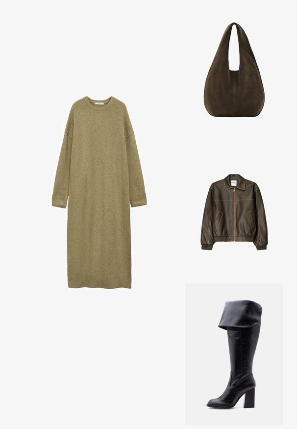 Braune Lederbomberjacke mit einem Reißverschluss vorne, spitzem Kragen, elastischen Bündchen und Saum sowie Seitentaschen. Sichtbare Kontrastnähte.; Strickkleid in Olivgrün, knielang, mit lockerer Passform, rundem Ausschnitt und langen Ärmeln. Verfügt über gerippte Bündchen und Saum. Weiche Textur.; Hoher schwarzer Lederstiefel mit Absatz, umgeschlagenem Umschlag und abgerundetem Zehenbereich, steht aufrecht auf weißem Hintergrund.; Weiche dunkelbraune Wildleder-Hobo-Tasche mit breitem einzelnen Riemen und abgerundetem Boden auf weißem Hintergrund.