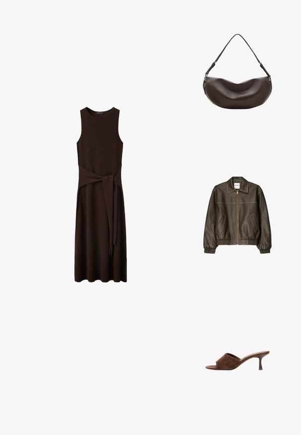 Veste bomber en cuir marron avec fermeture éclair à l'avant, col pointu, poignets et ourlet élastiqués, et poches latérales. Coutures contrastées visibles.; Robe midi marron foncé sans manches avec encolure ronde et ceinture en tissu attachée à la taille, présentée sur fond blanc.; Mule en daim marron à bout ouvert, talon en bois incurvé de hauteur moyenne et design à enfiler sur fond blanc.; Sac à bandoulière en cuir marron foncé avec une forme courbée, une sangle réglable et une fermeture éclair dorée le long du bord inférieur.