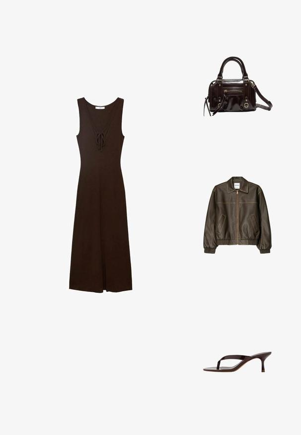 Veste bomber en cuir marron avec fermeture éclair à l'avant, col pointu, poignets et ourlet élastiqués, et poches latérales. Coutures contrastées visibles.; Robe sans manches marron avec un décolleté en V, détails à nouer à l'avant et une silhouette fluide, fabriquée à partir d'un tissu lisse.; Sandale à talon en cuir verni noir avec bride entre les orteils et un talon petit kitten élancé de hauteur moyenne, vue de côté sur fond blanc.; Sac à main en cuir verni marron avec double poignées, bandoulière amovible, poche zippée à l'avant et accents en métal doré.