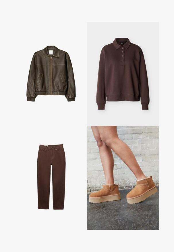 Braune Lederbomberjacke mit einem Reißverschluss vorne, spitzem Kragen, elastischen Bündchen und Saum sowie Seitentaschen. Sichtbare Kontrastnähte.; Braunes Langarm-Poloshirt mit vier Knöpfen, gerippten Bündchen und einem gerippten Saum vor einem schlichten weißen Hintergrund.; Braune Jeans mit geradem Bein, vorderem Knopf- und Reißverschluss sowie einem Fünf-Taschen-Design auf weißem Hintergrund.; Braune Wildleder-Stiefeletten mit einem weichen Futter, dicker beige Plateau-Sohle und einer Zuglasche auf der Rückseite. Strukturiert Oberfläche mit sichtbaren Nähdetails.