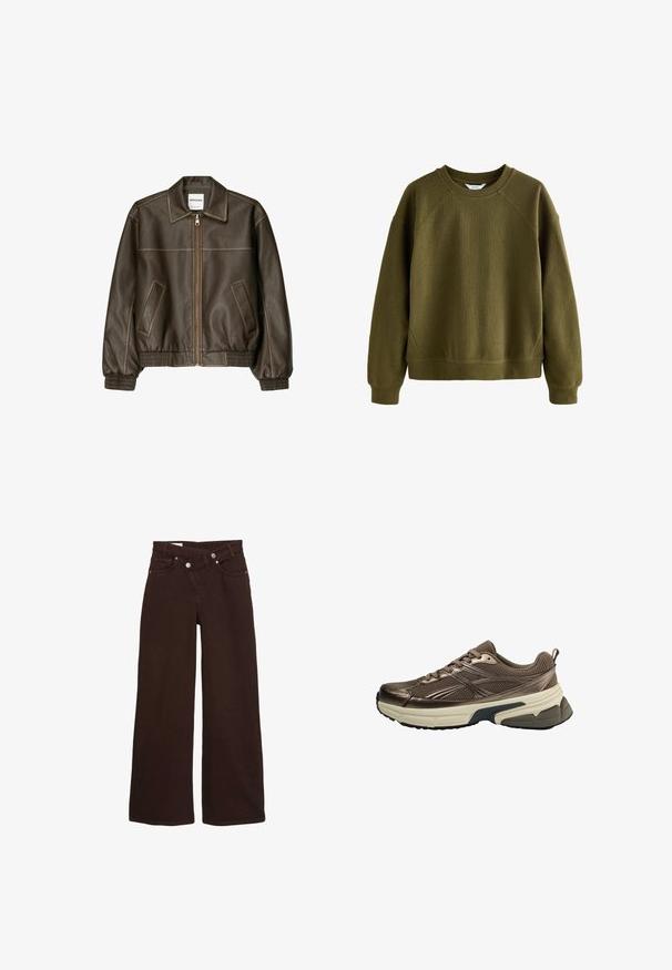 Brun læder bomberjakke med lynlåsfortil, spids krave, elastiske cuffe og kant, samt sidelommer. Kontrastsyninger synlige.; Next PETITE FIT -CREWNECK LONGSLEEVE - Sweatshirt - olive green; Brune vide ben jeans med høj talje, front lynlås og knaplukning, der har for- og baglommer.; Brun mesh sportssko med beige tyk sål og sort slidbane, detaljerede sidestreger og snørebånd, vist fra ydersiden.