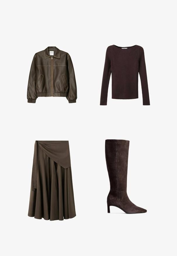 Braune Lederbomberjacke mit einem Reißverschluss vorne, spitzem Kragen, elastischen Bündchen und Saum sowie Seitentaschen. Sichtbare Kontrastnähte.; Dunkelbrauner, gerippter Pullover mit langen Ärmeln, rundem Halsausschnitt, schmaler Passform und einem glatten, strukturierten Strickmuster.; Brauner Midirock zum Wickeln mit breitem Bund und langem Bindeband, ausgestattet mit weichen Falten für eine fließende Silhouette.; Braune Wildlederkniehohe Stiefel mit spitzer Zehe und 7,5 cm hohem Absatz. Glatte Textur, elegante Silhouette und minimalistisches Design.