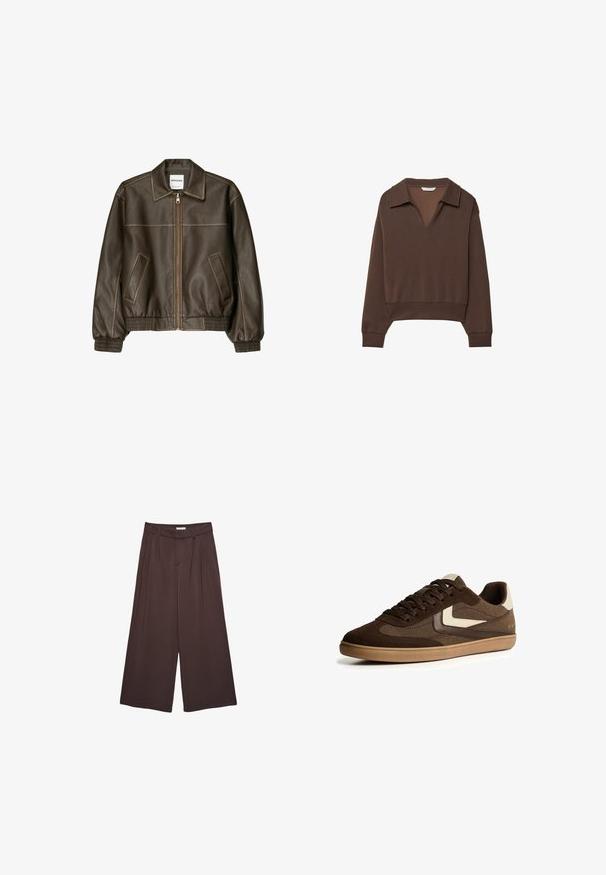 Veste bomber en cuir marron avec fermeture éclair à l'avant, col pointu, poignets et ourlet élastiqués, et poches latérales. Coutures contrastées visibles.; Pull marron avec un col en V et un col, présentant des manches longues et une coupe décontractée. Fabriqué en tissu doux avec une texture lisse.; Pantalons larges marron en tissu doux, dotés de plis à la taille et de poches latérales. Silhouette ajustée avec un ajustement confortable.; Baskets basses en suédine et tissu marron avec des accents beiges, semelle en caoutchouc, fermeture à lacets et design minimaliste sur fond blanc.