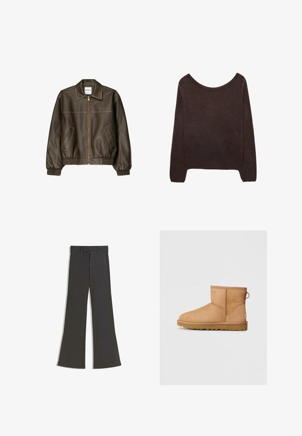 Veste bomber en cuir marron avec fermeture éclair à l'avant, col pointu, poignets et ourlet élastiqués, et poches latérales. Coutures contrastées visibles.; Pull en tricot marron avec un col dénudé, des manches longues et des poignets à côtes. Texture douce avec une finition de surface lisse.; Pantalons évasés en tissu gris foncé, avec une taille plate dotée de deux boutons, une texture lisse et des coutures soignées.; Bottines en suède beige avec bout rond, détails cousus, tirant à l'arrière et semelle en caoutchouc texturé. Conçues pour le confort et la chaleur.