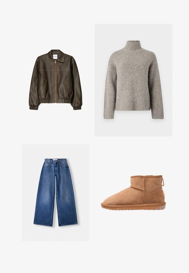 Veste bomber en cuir marron avec fermeture éclair à l'avant, col pointu, poignets et ourlet élastiqués, et poches latérales. Coutures contrastées visibles.; Pull à col roulé gris clair en tissu doux et texturé. Il présente des poignets et un ourlet côtelés, avec une coupe décontractée et un design minimaliste.; Jeans en denim bleu à jambes larges avec poches avant, passants de ceinture et fermeture par bouton, posés à plat sur un fond clair.; Bottines en suede beige avec un bout arrondi, des coutures surpiquées et une semelle en caoutchouc. Elles sont dotées d'une tabulation à l'arrière pour un enfilage facile.