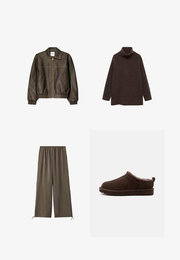 Veste bomber en cuir marron avec fermeture éclair à l'avant, col pointu, poignets et ourlet élastiqués, et poches latérales. Coutures contrastées visibles.; Pull turtleneck marron en tricot doux. Il présente des manches longues et une coupe décontractée avec un col haut pour plus de chaleur.; Pantalon vert olive ample avec taille élastique et cordons au bas, présenté à plat sur fond blanc.; Chausson marron à enfiler avec doublure en peluche douce et semelle en caoutchouc plate, conçu pour le confort et la chaleur à l'intérieur.