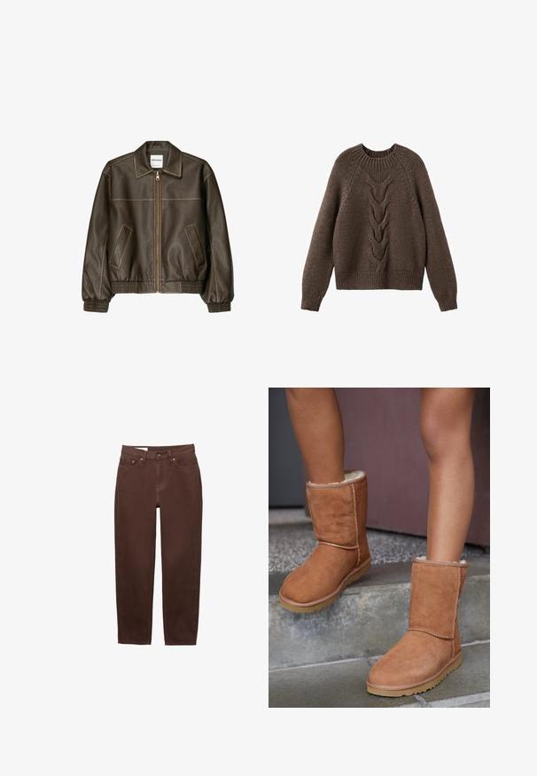 Brun læder bomberjakke med lynlåsfortil, spids krave, elastiske cuffe og kant, samt sidelommer. Kontrastsyninger synlige.; Brun strikket sweater med rund halsudskæring, lange ærmer og et kabelstrikdesign, der løber ned langs fronten. Ribbet kant og manchetter.; Brune jeans med lige ben, frontknap, lynlåslukning og femlomme-design på hvid baggrund.; Brune ruskind ankelstøvler med rund tå, blødt foer og gummisål, der har synlige stikninger langs sømmene.