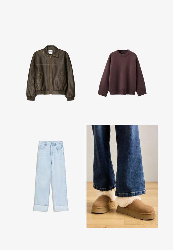 Veste bomber en cuir marron avec fermeture éclair à l'avant, col pointu, poignets et ourlet élastiqués, et poches latérales. Coutures contrastées visibles.; Pull ample de couleur bordeaux foncé, en tissu tricoté doux. Il présente un col rond côtelé, de larges manches et un ourlet côtelé.; Jean en denim bleu clair avec une taille haute, une coupe à jambes larges, des revers roulés et deux poches avant. Le tissu présente une texture légèrement délavée.; Chaussons en daim marron avec un épais revers en fourrure légère, montés sur une semelle plateforme beige, associés à un jean en denim à coupe large.